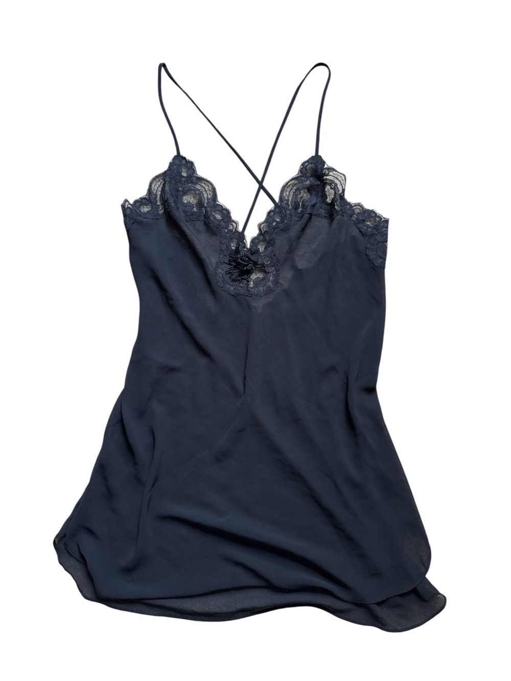 Lace-Trim Black Slip Chemise with Cross-Back Straps